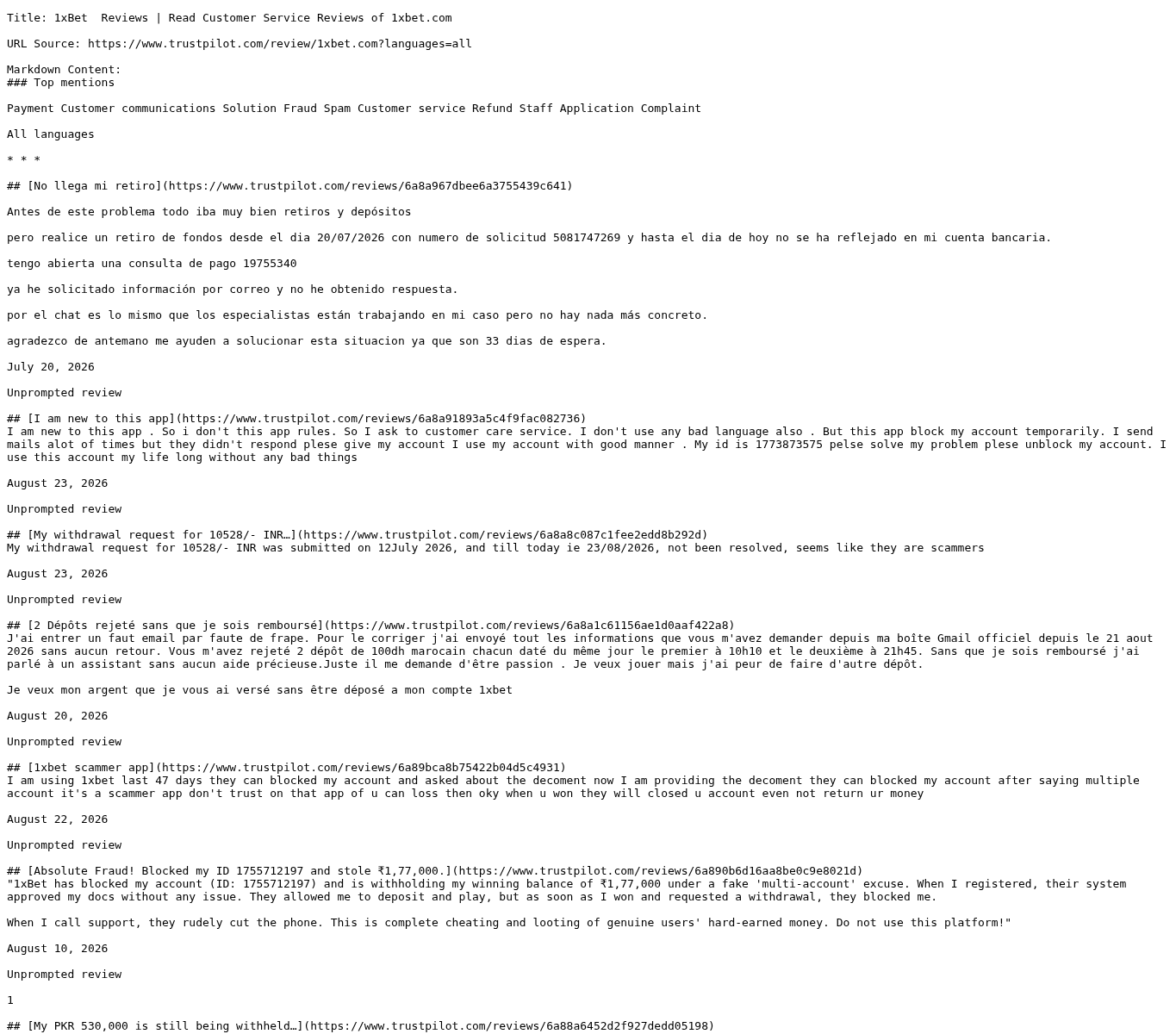 Captura de opiniones independientes asociadas con 1xbet.com