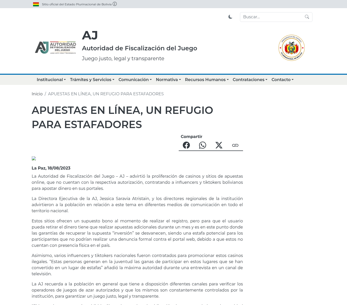 Captura de la advertencia de la AJ sobre apuestas en línea