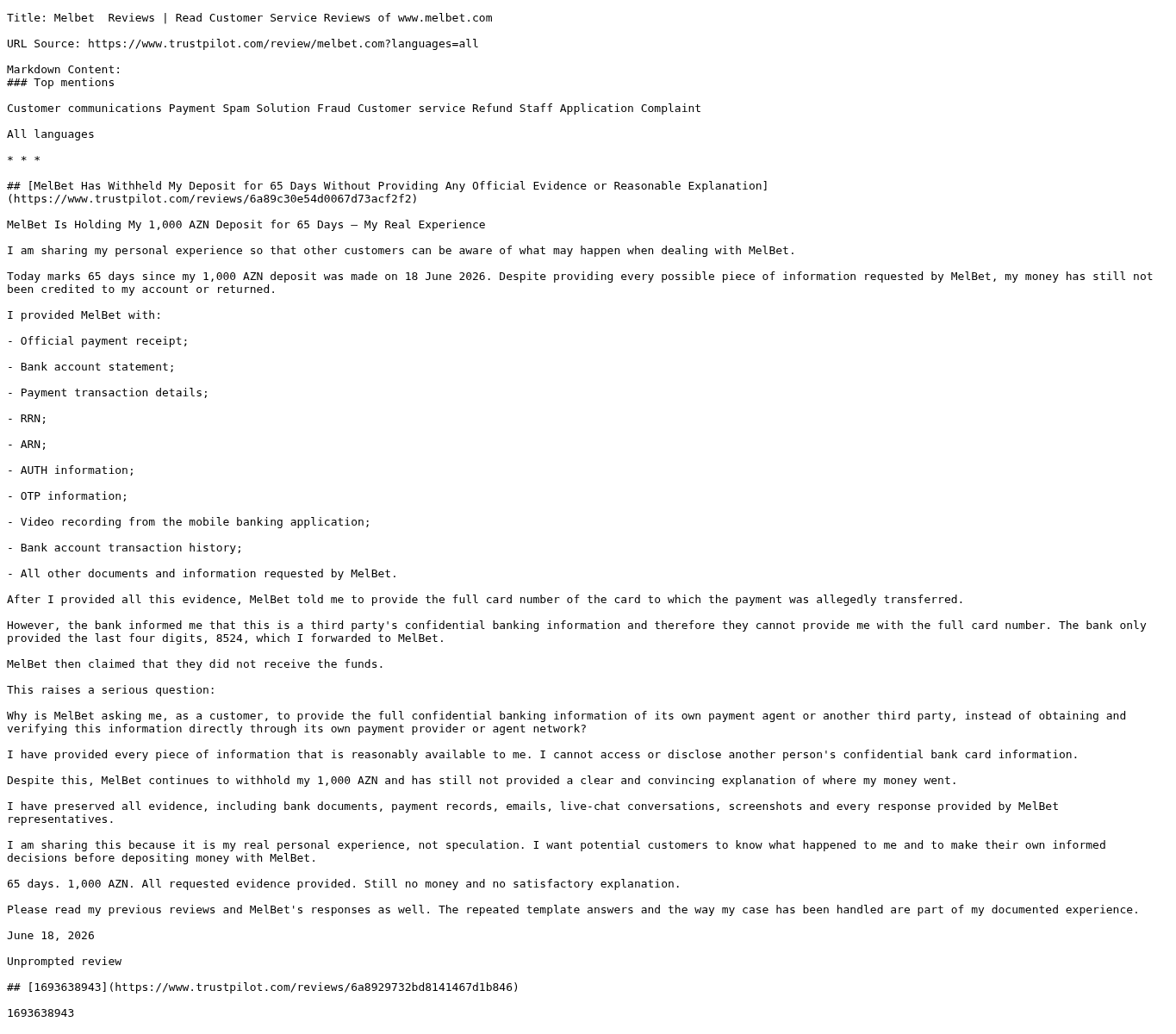 Captura textual de opiniones asociadas con melbet.com